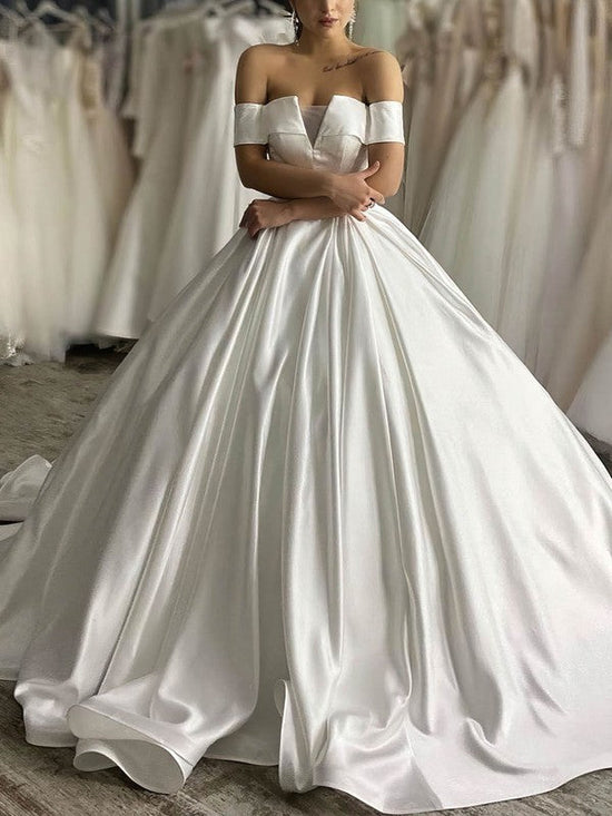 Elegant Off-the-Shoulder Ball Gown Satin Court Train Wedding Dress