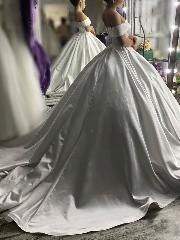 Elegant Off-the-Shoulder Ball Gown Satin Court Train Wedding Dress