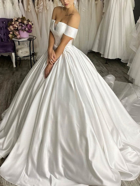 Elegant Off-the-Shoulder Ball Gown Satin Court Train Wedding Dress