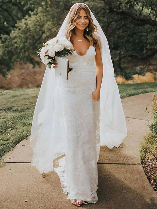 A-Line V-Neck Lace Sweep Train Wedding Dress