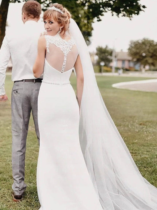 Sheath/Column Illusion Satin Sweep Train Wedding Dress with Appliques Lace