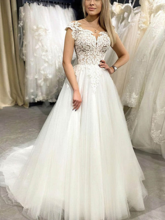 Exquisite Ball Gown Illusion Tulle Sweep Train Wedding Dress With Appliques Lace