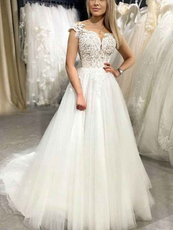 Exquisite Ball Gown Illusion Tulle Sweep Train Wedding Dress With Appliques Lace