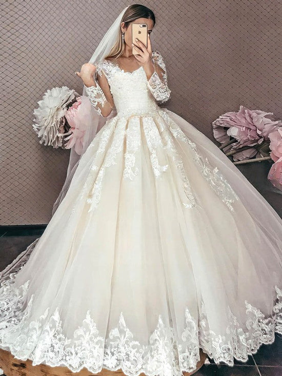 Gorgeous Illusion Tulle Ball Gown Wedding Dresses With Appliques Lace