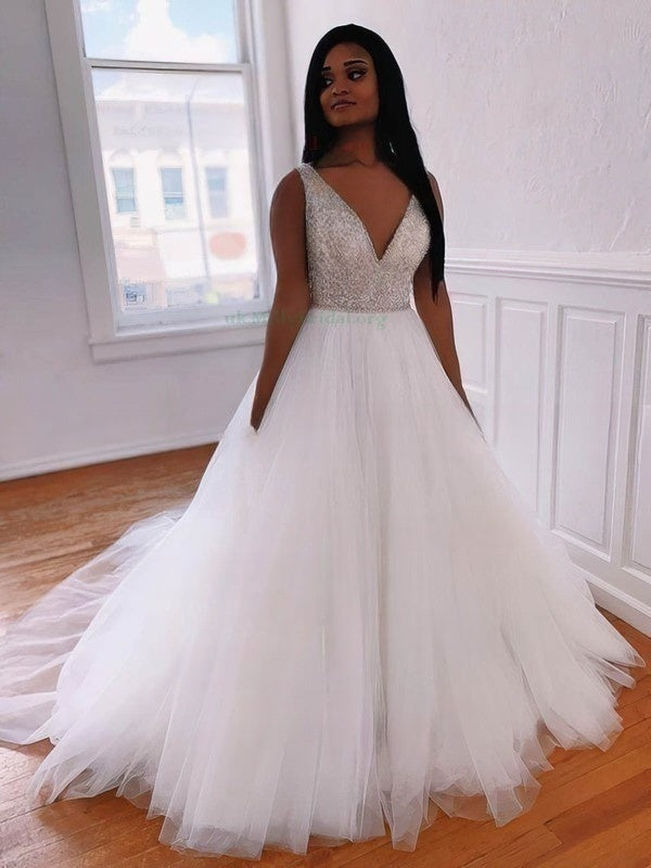 V-neck Tulle Ball Gown Wedding Dress with Beading and Sweep Train