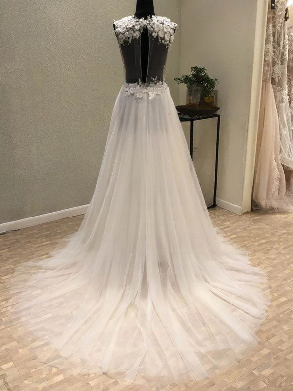 A-line V-Neck Tulle Sweep Train Wedding Dress with Appliques Lace