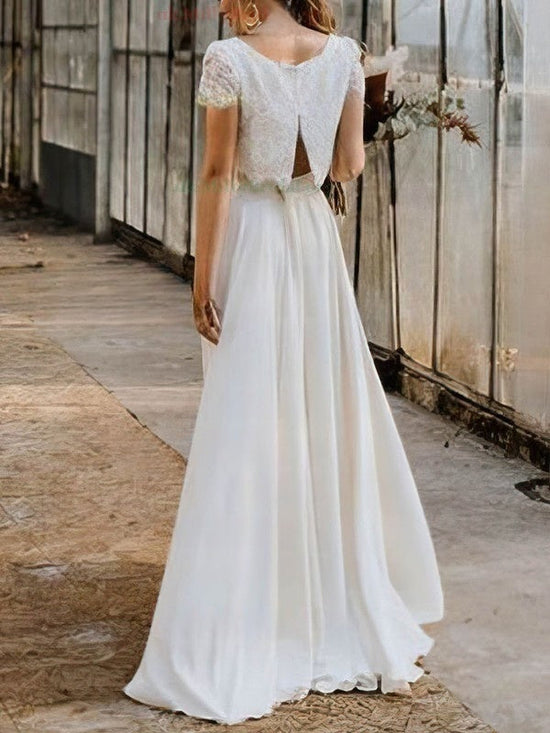 A-line Scoop Neck Lace Silk-like Satin Sweep Train Wedding Dress