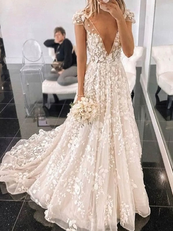 V-neck Lace Sweep Train Ball Gown Wedding Dress With Appliques Lace