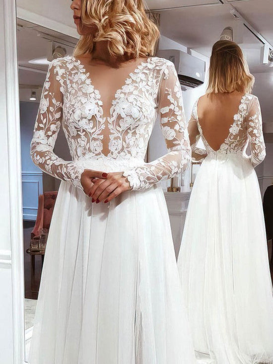 Elegant V-Neck Tulle Ball Gown Wedding Dress with Appliques Lace