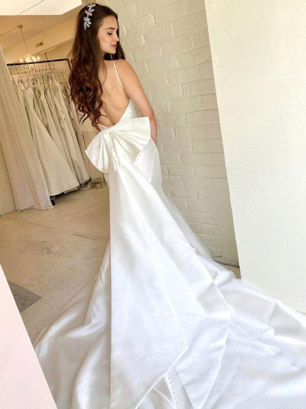 V-neck Satin Court Train Wedding Dress with Bow - Trumpet/Mermaid