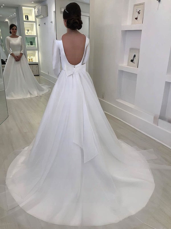 Satin Court Train Wedding Dress With Bow and Scoop Neck for a Ball Gown Look