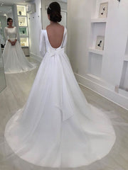 Satin Court Train Wedding Dress With Bow and Scoop Neck for a Ball Gown Look