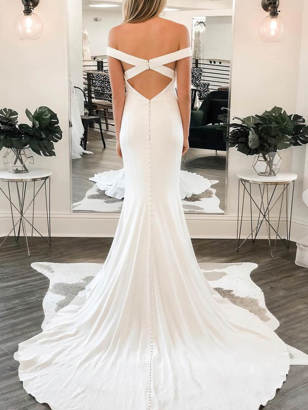 Trumpet/Mermaid Off-the-shoulder Stretch Crepe Wedding Dress with Sweep Train