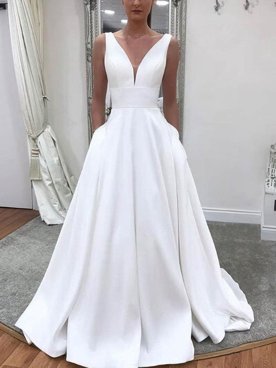 V-neck Ball Gown Satin Sweep Train Wedding Dress With Pockets