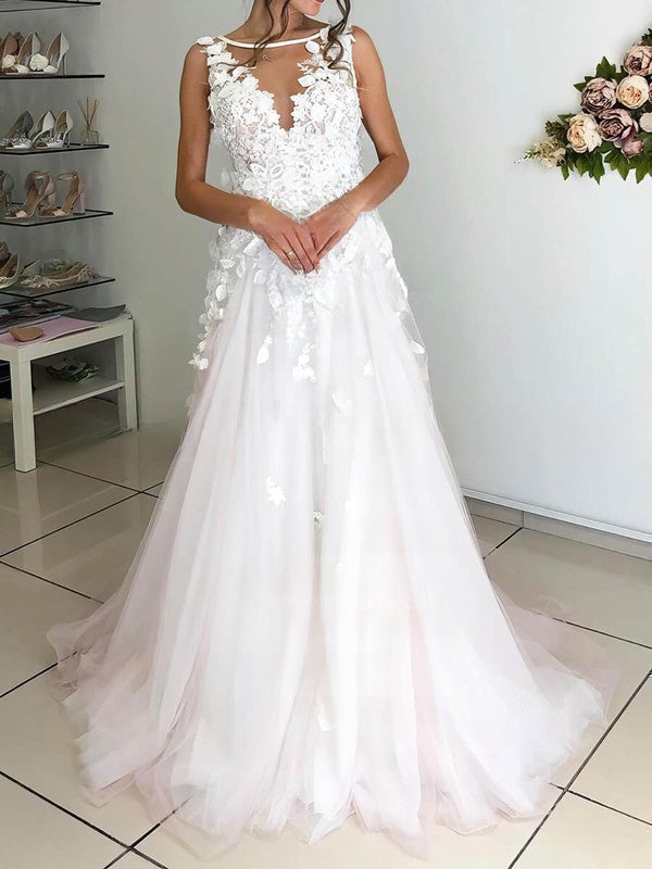 Illusion Tulle Sweep Train Wedding Dress with Appliques Lace and Ball Gown