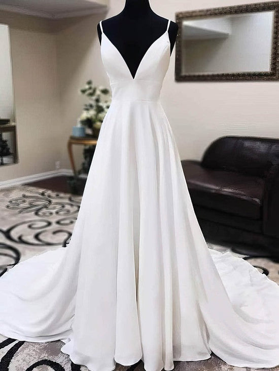 A-line V-neck Chiffon Sweep Train Wedding Dress with Appliques Lace