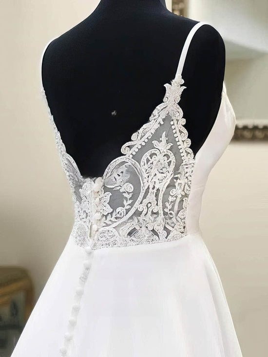 A-line V-neck Chiffon Sweep Train Wedding Dress with Appliques Lace