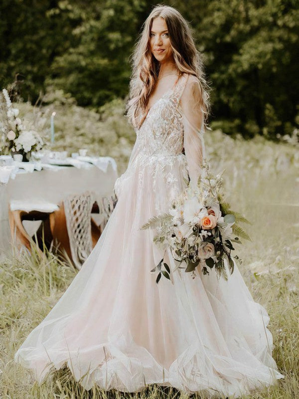 V-neck Tulle Ball Gown Wedding Dress with Appliques and Lace Sweep Train