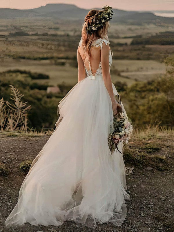 Illusion Tulle Sweep Train Wedding Dress with Appliques Lace