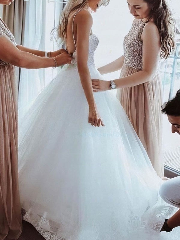 Beaded Sweetheart Tulle Ball Gown Wedding Dress with Sweep Train