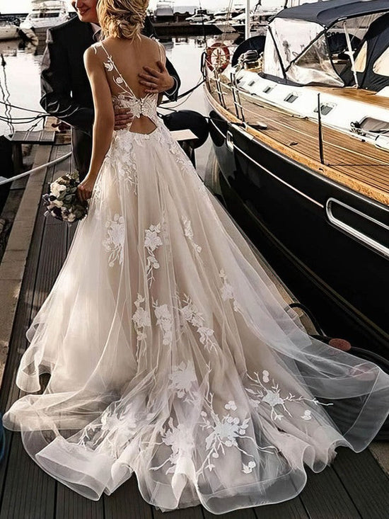 Lace Appliques Ball Gown Illusion Tulle Sweep Train Wedding Dress