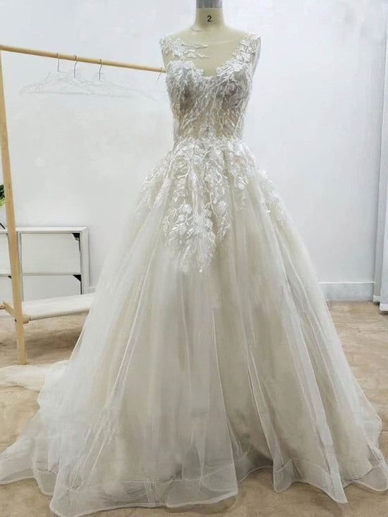 Lace Appliques Ball Gown Illusion Tulle Sweep Train Wedding Dress