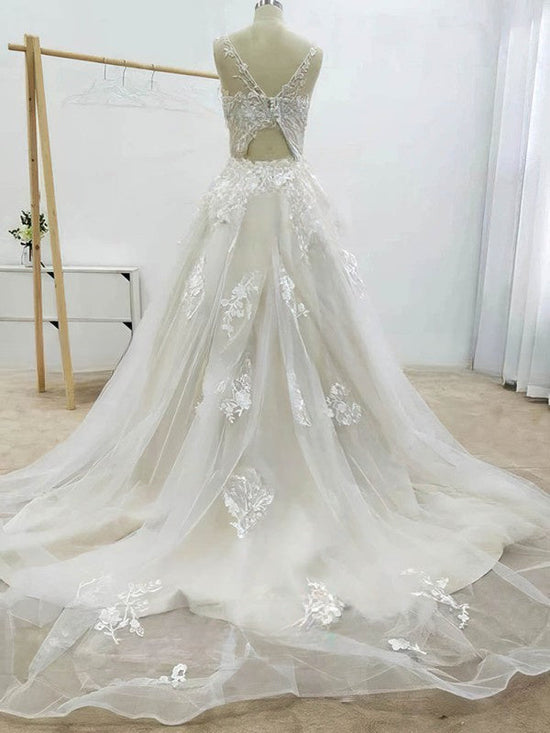 Lace Appliques Ball Gown Illusion Tulle Sweep Train Wedding Dress