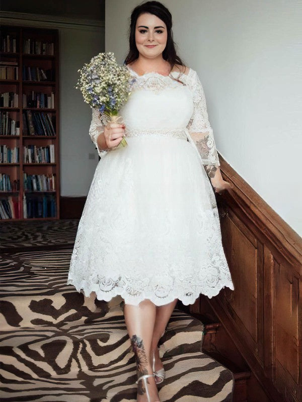 A-Line Illusion Lace Tea-Length Wedding Dress With Sashes / Ribbons