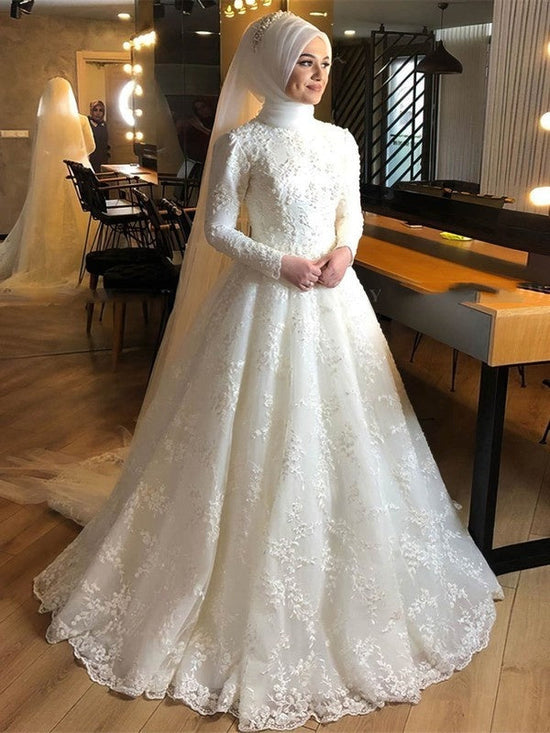 Beaded High Neck Tulle Court Train Ball Gown Wedding Dress