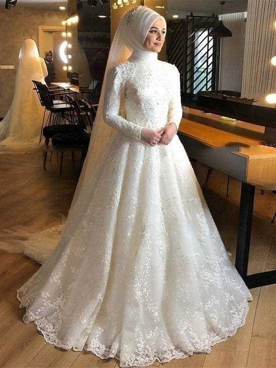 Beaded High Neck Tulle Court Train Ball Gown Wedding Dress