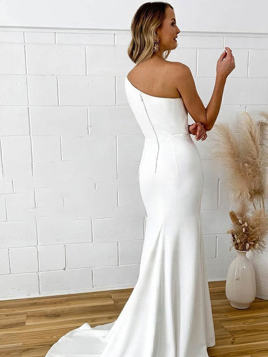 Mermaid One Shoulder Stretch Crepe Sweep Train Wedding Dress