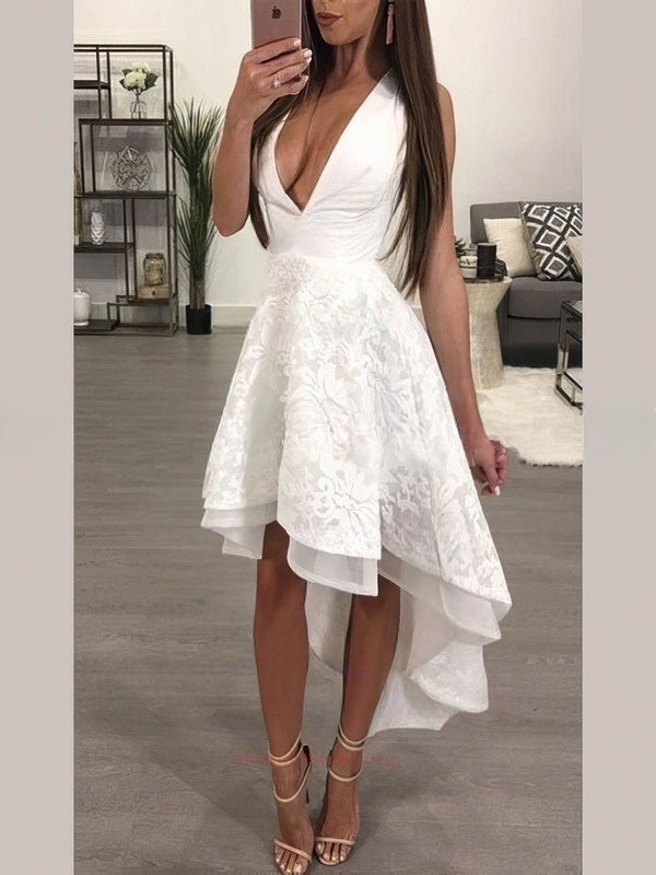 Elegant A-line V-neck Lace Asymmetrical Wedding Dresses With Tiered