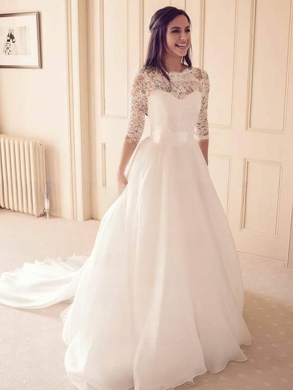 A-line Illusion Lace Chiffon Sweep Train Wedding Dress With Sashes / Ribbons