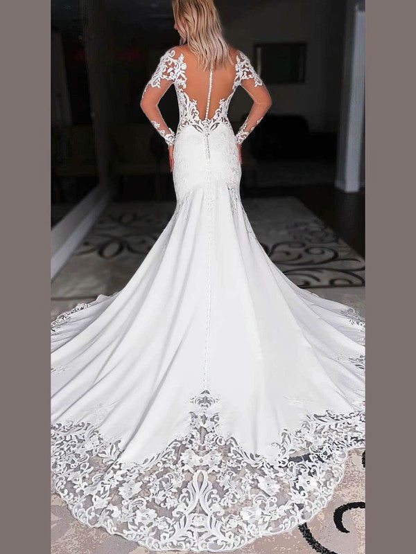 Mermaid Illusion Stretch Crepe Court Train Wedding Dress With Appliques Lace