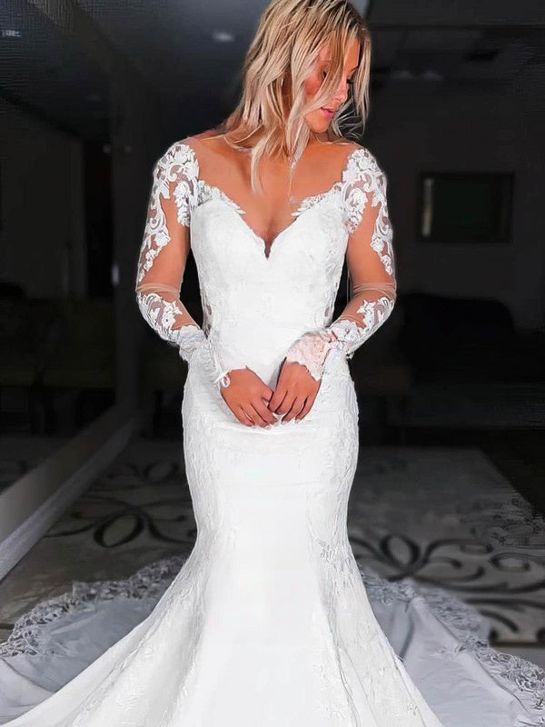 Mermaid Illusion Stretch Crepe Court Train Wedding Dress With Appliques Lace