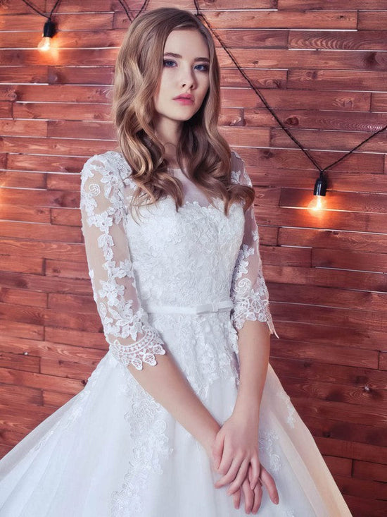 Illusion Tulle Court Train Wedding Dress with Lace Appliques