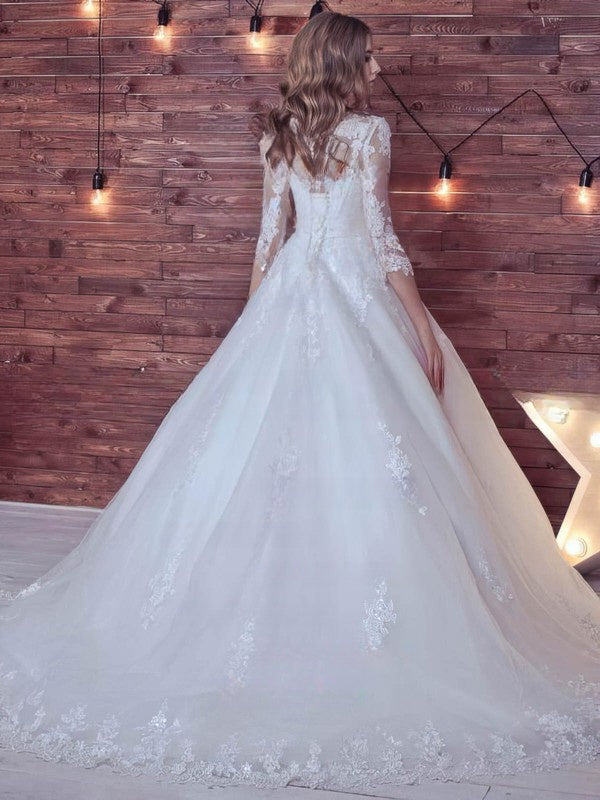 Illusion Tulle Court Train Wedding Dress with Lace Appliques