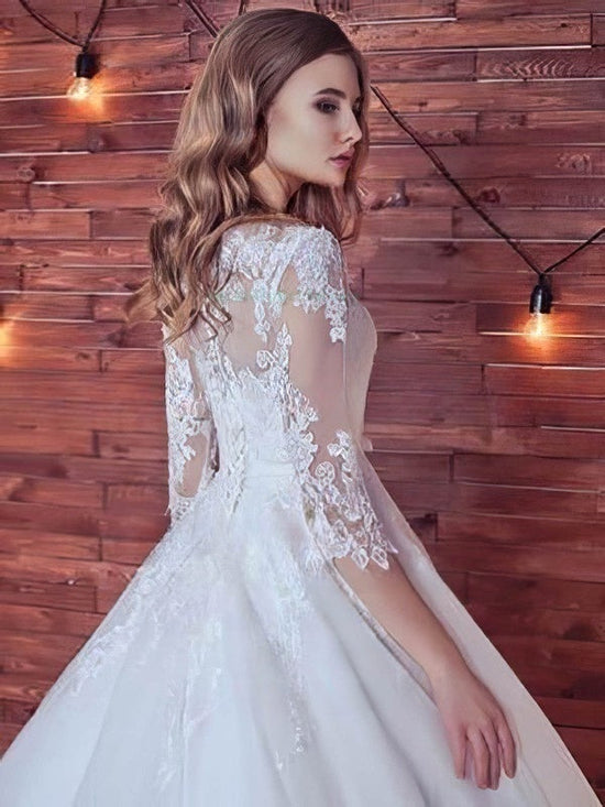 Illusion Tulle Court Train Wedding Dress with Lace Appliques