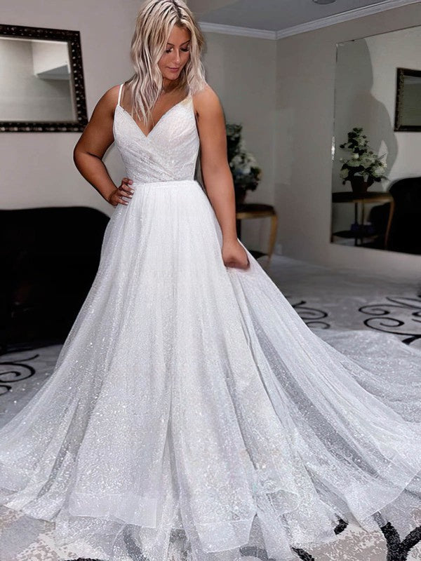 Stunning V-Neck Glitter Court Train Wedding Dress w/ Appliques & Lace