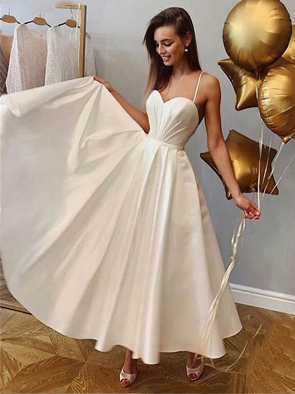 A-line Sweetheart Silk-like Satin Ankle-length Wedding Dress with Ruffles