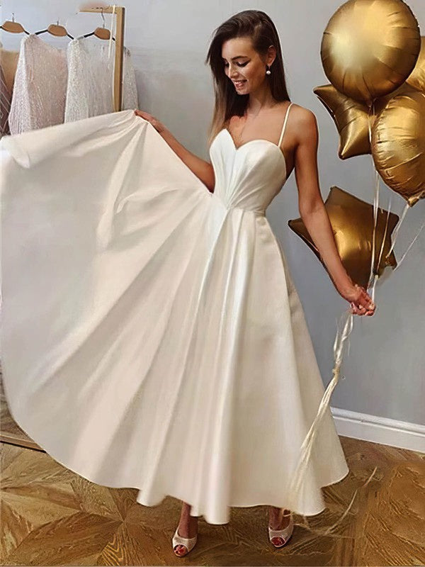 A-line Sweetheart Silk-like Satin Ankle-length Wedding Dress with Ruffles