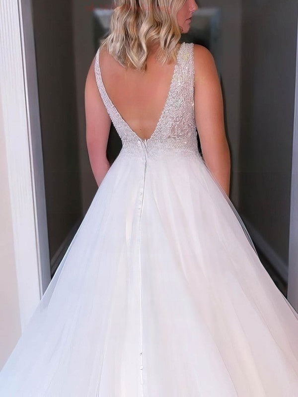 V-neck Tulle Ball Gown Wedding Dress with Beading and Sweep Train