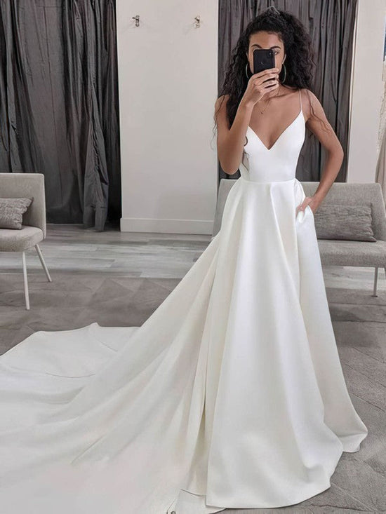 V-neck Satin Court Train Wedding Dress With Pockets - Ball Gown