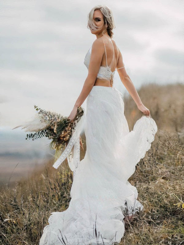 A-line V-neck Tulle Wedding Dress With Appliques Lace and Court Train