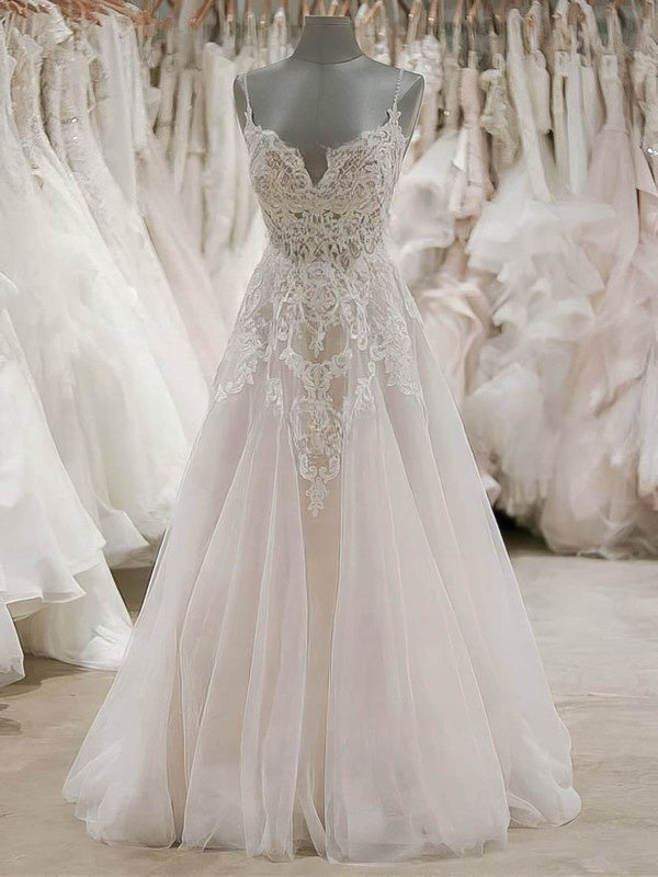 V-neck Tulle Sweep Train Ball Gown Wedding Dresses With Beading