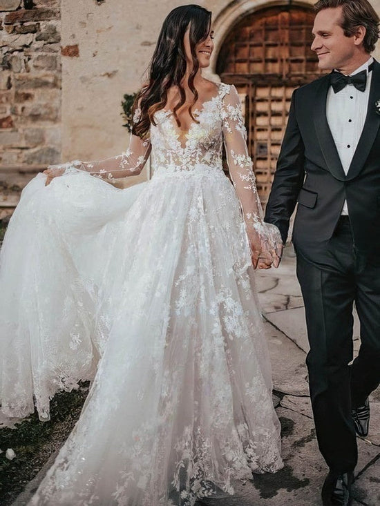 Illusion Tulle Ball Gown Wedding Dresses with Appliques Lace and Sweep Train