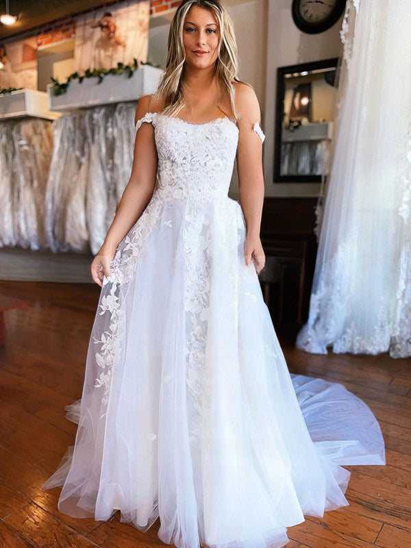 Ball Gown Off-the-shoulder Tulle Court Train Wedding Dress With Split Front