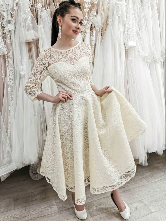 Illusion Lace A-line Tea-length Wedding Dresses