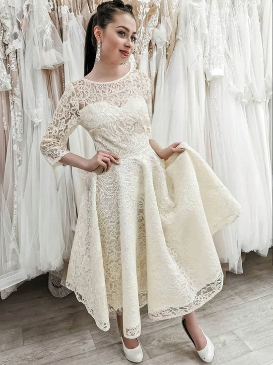 Illusion Lace A-line Tea-length Wedding Dresses