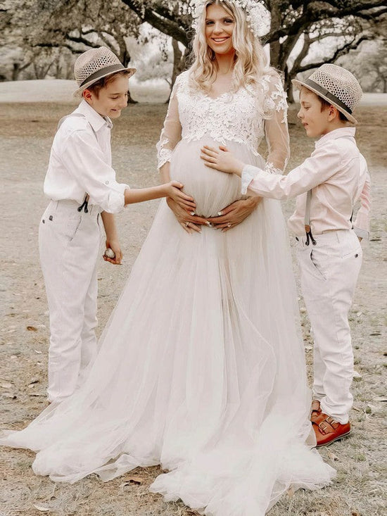 Illusion Tulle A-Line Wedding Dress with Lace Appliques and Sweep Train